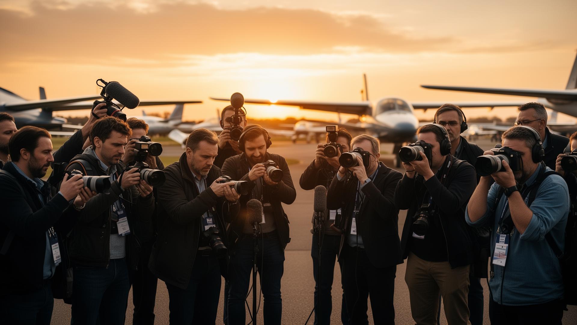 Profissionais de imprensa cobrindo evento aéreo da Fundação Astropontes